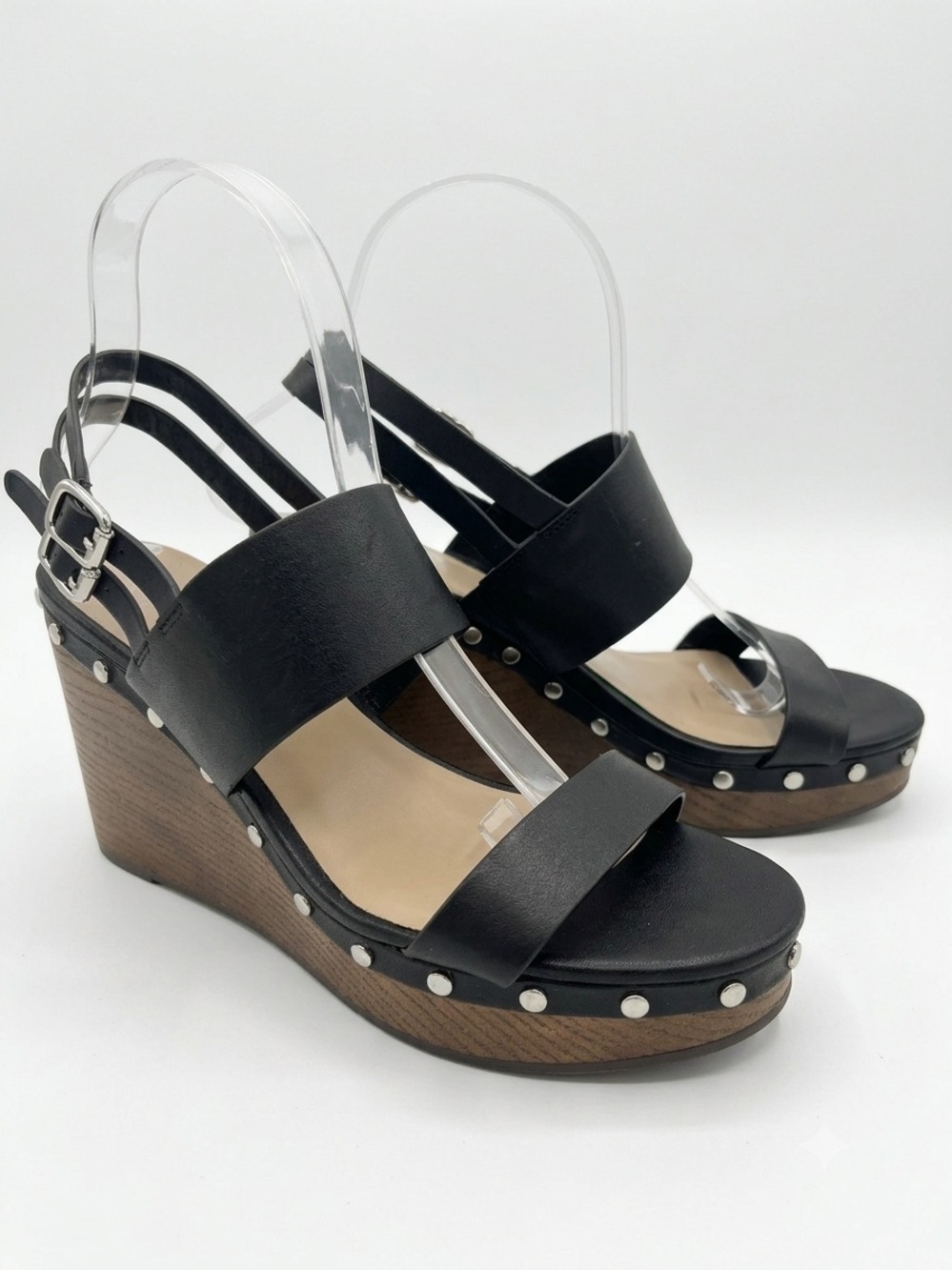 Bleecker & Bond Sandra Black Leather Studded Platform Wedge Sandals Size 8 Boho